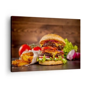 Obraz na plátně - Chutný burger s přílohami - 70x50cm - Zakázané ovoce - Moderní nástěnná dekorace do obývacího pokoje a ložnice ARTTOR
