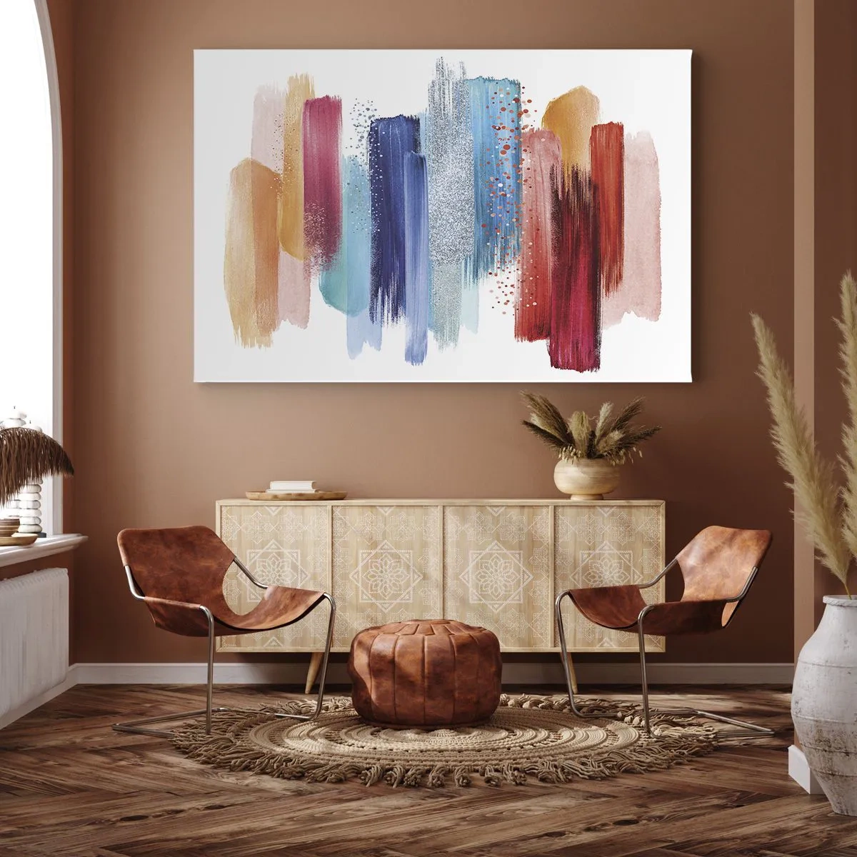 Obraz na plátně - Barevné tahy štětcem na bílém pozadí - 70x50cm - Nahoru a dolů - Moderní nástěnná dekorace do obývacího pokoje a ložnice ARTTOR