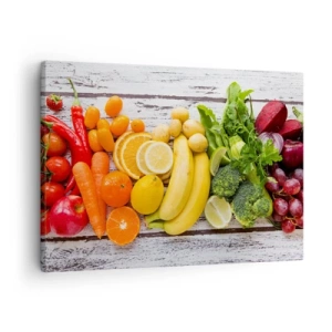 Obraz na plátně - Barevné ovoce a zelenina na dřevěném pozadí - 70x50cm - To nestačí? - Moderní nástěnná dekorace do obývacího pokoje a ložnice ARTTOR