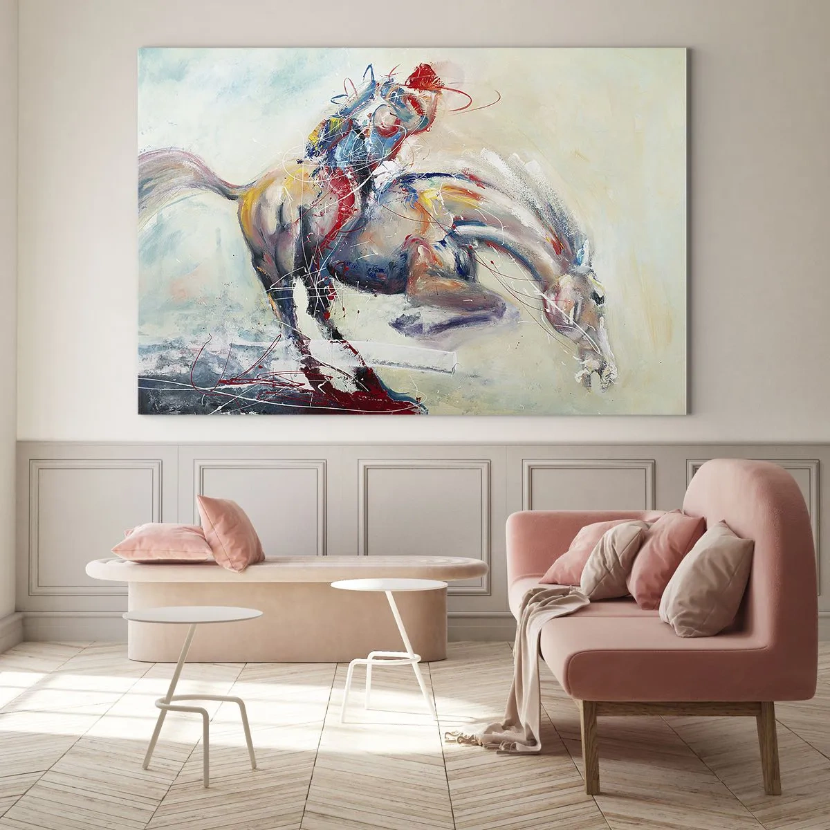 Obraz na skle - Abstraktní obraz koně v dynamickém pohybu. - 70x50cm - Drž se, letíme - Moderní nástěnná dekorace do obývacího pokoje a ložnice ARTTOR