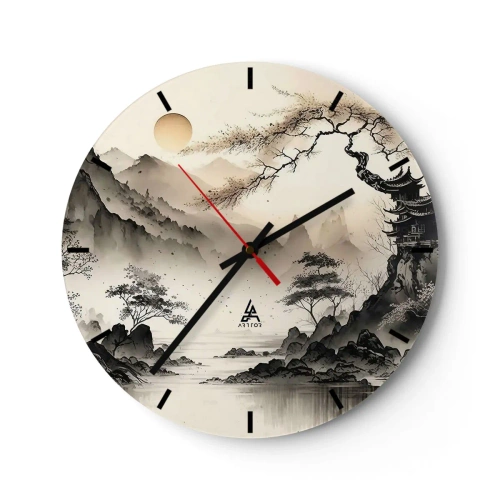 Nástěnné hodiny - Čínská tušová malba horské krajiny s pagodou a mlhavým údolím - 30x30cm - Jedinečné kouzlo orientu - Moderní nástěnná dekorace do obývacího pokoje, kuchyně a ložnice ARTTOR