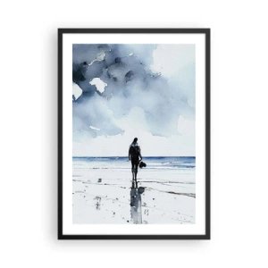 Plakát v černém rámu - Akvarelová krajina s postavou na pláži - 50x70cm - Rozhovor s mořem - Moderní nástěnná dekorace do obývacího pokoje a ložnice ARTTOR