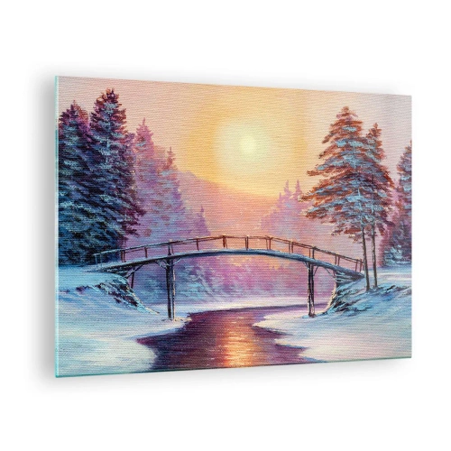 Obraz na skle - Zimní krajina s mostem přes řeku při západu slunce - 70x50cm - Čtyři roční období - zima - Moderní nástěnná dekorace do obývacího pokoje a ložnice ARTTOR