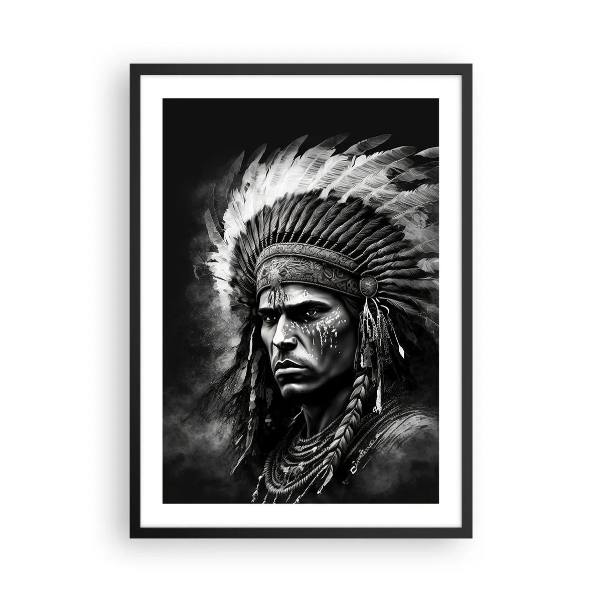 Plakát v černém rámu - Portrét bojovníka v tradiční péřové čelence - 50x70cm - Vůdce a bojovník - Moderní nástěnná dekorace do obývacího pokoje a ložnice ARTTOR