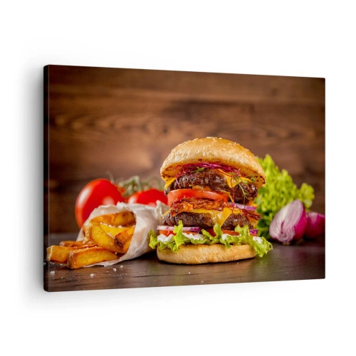 Obraz na plátně - Chutný burger s přílohami - 70x50cm - Zakázané ovoce - Moderní nástěnná dekorace do obývacího pokoje a ložnice ARTTOR