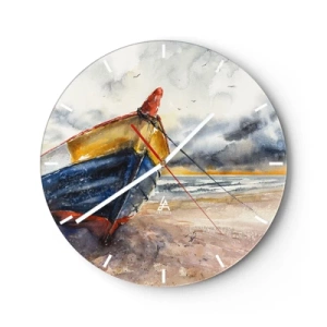 Nástěnné hodiny - Barevná loď na písečné pláži v malířském stylu - 30x30cm - Odpočinek na břehu - Moderní nástěnná dekorace do obývacího pokoje, kuchyně a ložnice ARTTOR