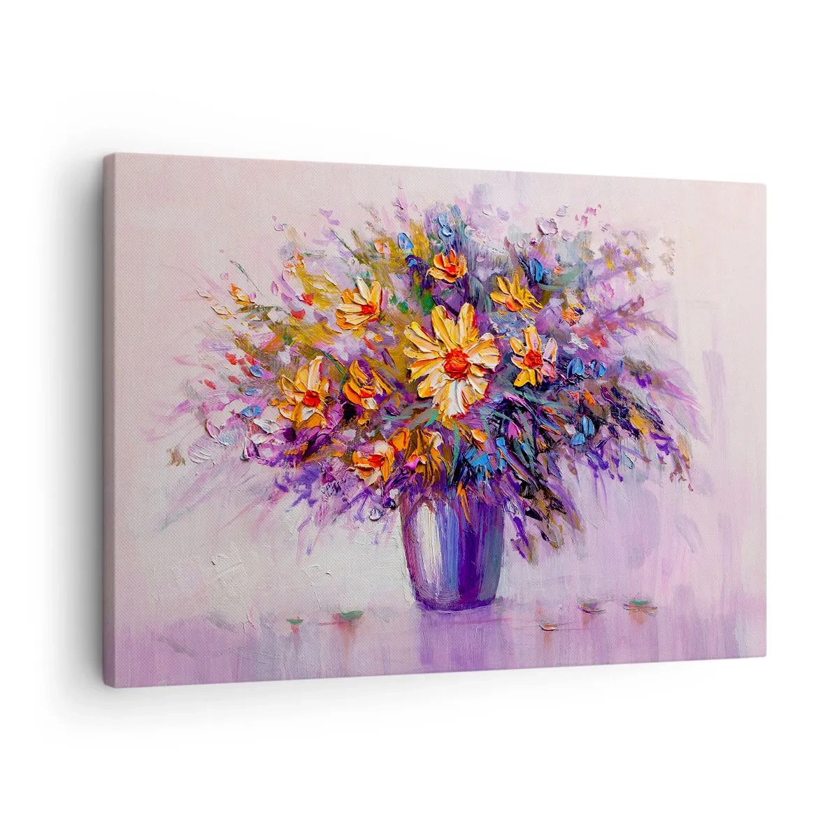 Obraz na plátně - Kytice květin ve váze na pastelovém pozadí - 70x50cm - Sladce voní, sladce vypadá - Moderní nástěnná dekorace do obývacího pokoje a ložnice ARTTOR