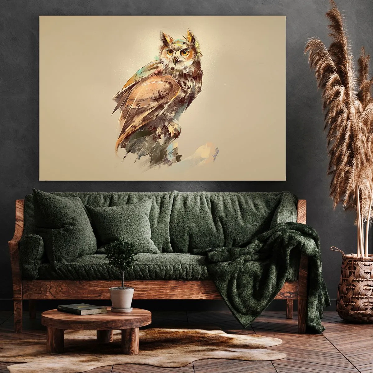 Obraz na plátně - Umělecký portrét sovy na světlém pozadí v teplých odstínech. - 70x50cm - Nejchytřejší sova - potvrdí doubrava - Moderní nástěnná dekorace do obývacího pokoje a ložnice ARTTOR