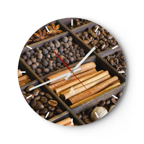 Nástěnné hodiny - Dřevěná přepážka s různým kořením a kávou - 30x30cm - Pokladnice vůní - Moderní nástěnná dekorace do obývacího pokoje, kuchyně a ložnice ARTTOR