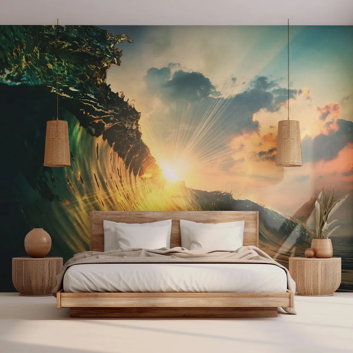 Fototapeta Samolepicí Deluxe Sticker - Surfaři, kde jsi? - Mořská vlna, Paprsky slunce, Příroda - 250x175 cm