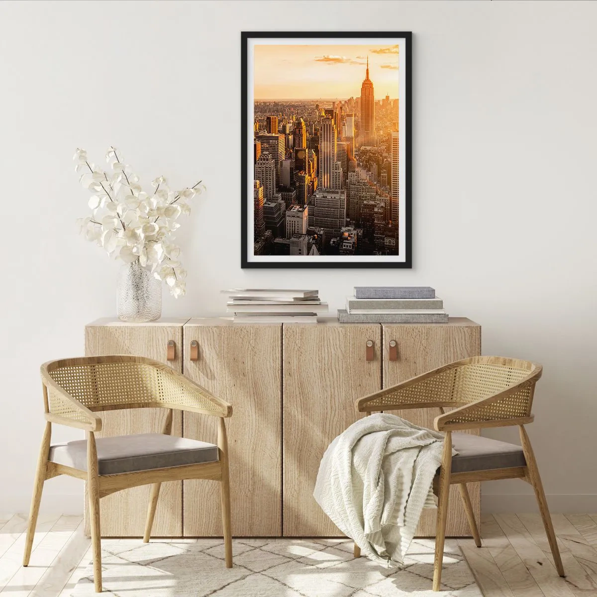 Plakát v černém rámu - Panorama Manhattanu při západu slunce z Empire State Building - 50x70cm - Růst na slunci - Moderní nástěnná dekorace do obývacího pokoje a ložnice ARTTOR