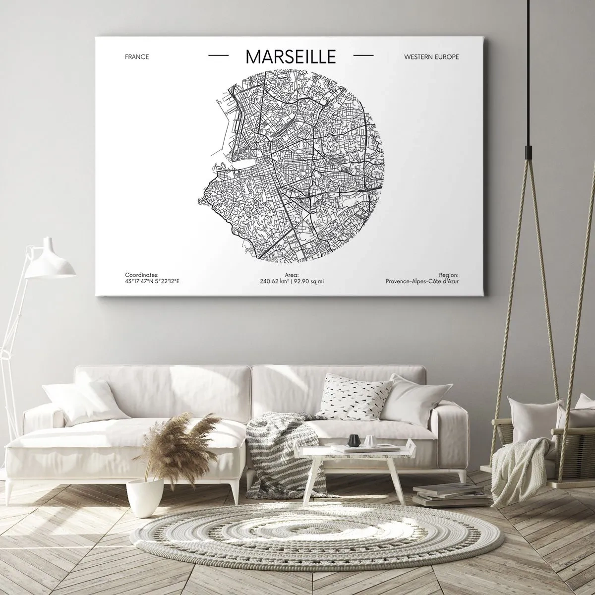 Obraz na plátně - Mapa Marseille v minimalistickém stylu - 70x50cm - Anatomie Marseille - Moderní nástěnná dekorace do obývacího pokoje a ložnice ARTTOR
