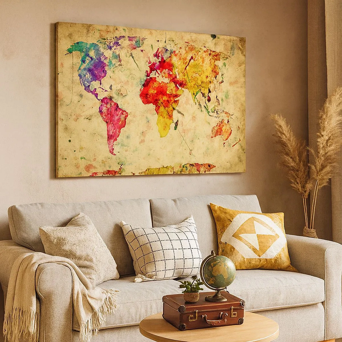 Obraz na plátně - Barevná, umělecká interpretace mapy světa - 70x50cm - Život je barevný jako papír mapy - Moderní nástěnná dekorace do obývacího pokoje a ložnice ARTTOR