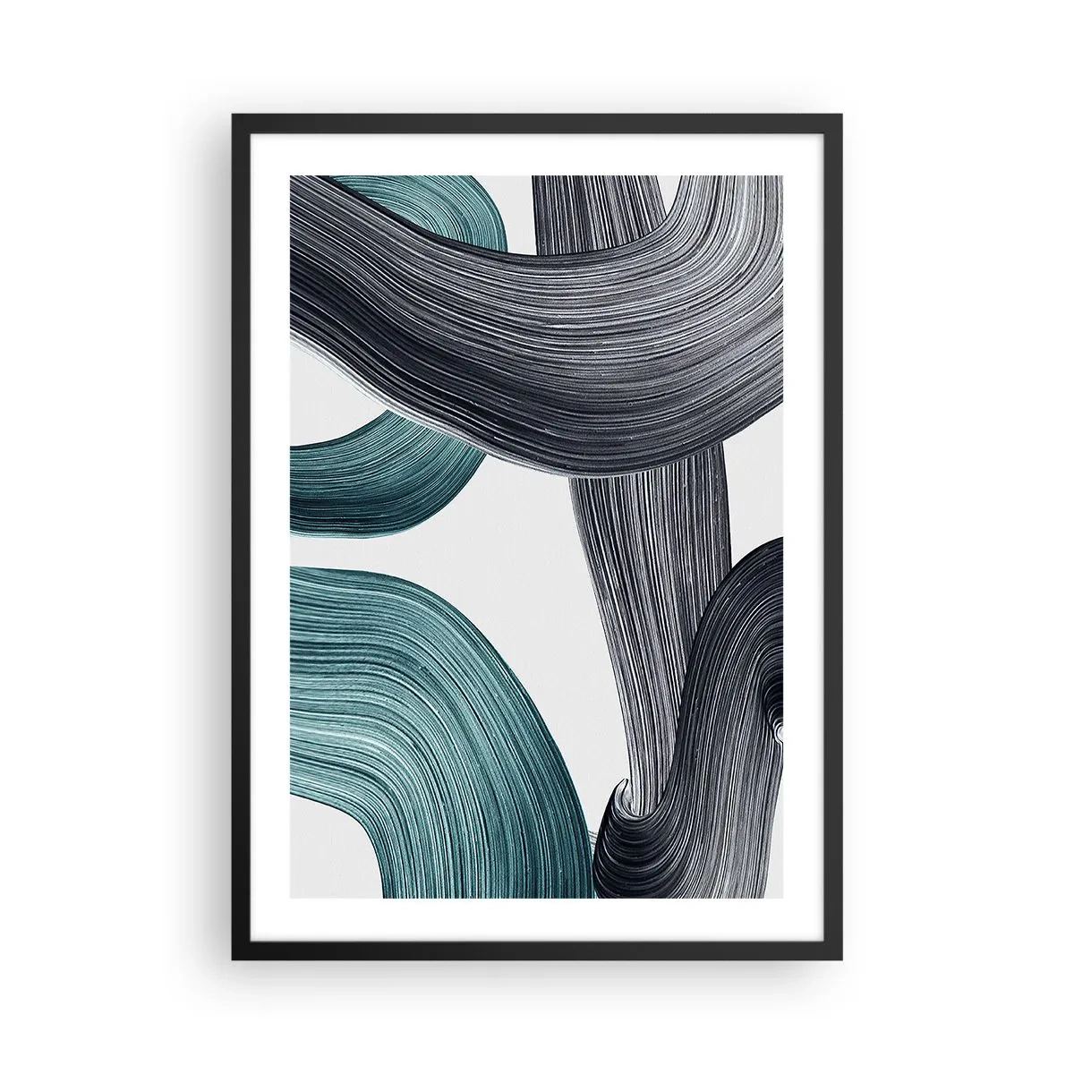Plakát v černém rámu - Dynamické tahy štětcem - 50x70cm - Smaragdové a černé vlny - Moderní nástěnná dekorace do obývacího pokoje a ložnice ARTTOR