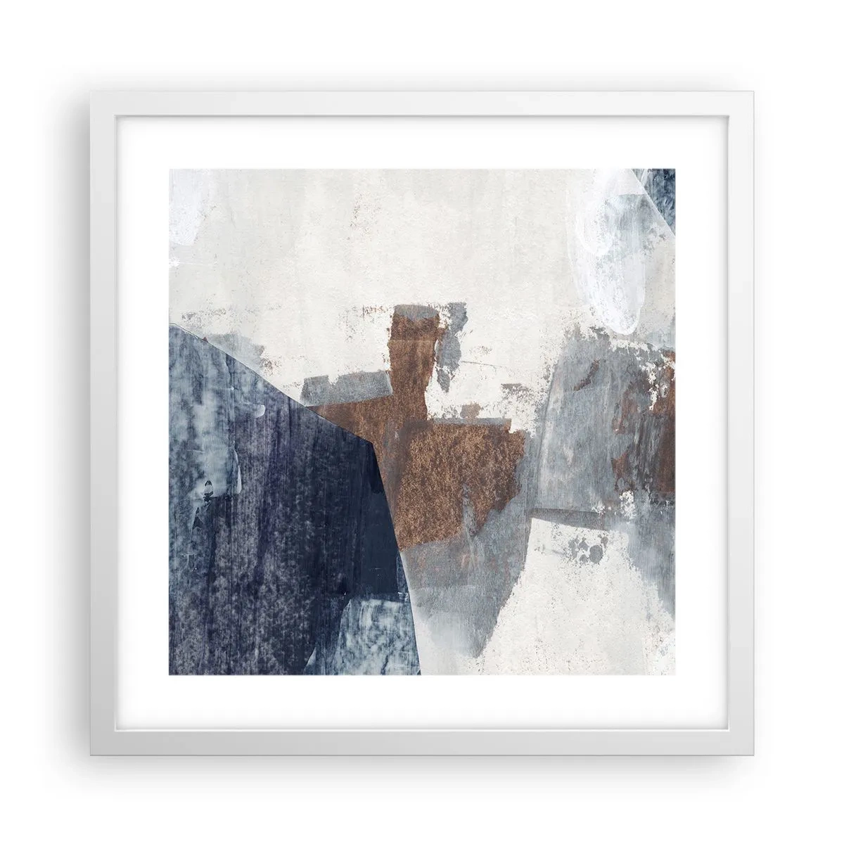 Plakát v bílém rámu - Modro-hnědé tvary - 40x40 cm