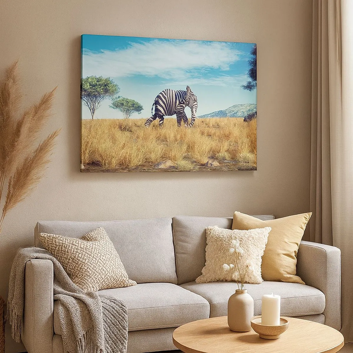Obraz na plátně - Zebra v africké krajině - 70x50cm - Šedá už není v módě - Moderní nástěnná dekorace do obývacího pokoje a ložnice ARTTOR