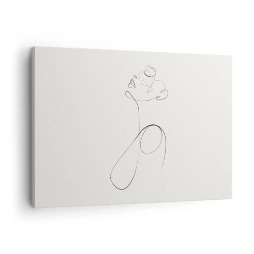 Obraz na plátně - Minimalistická čárová kresba obličeje na bílém pozadí - 70x50cm - Zamotaná ve snech - Moderní nástěnná dekorace do obývacího pokoje a ložnice ARTTOR