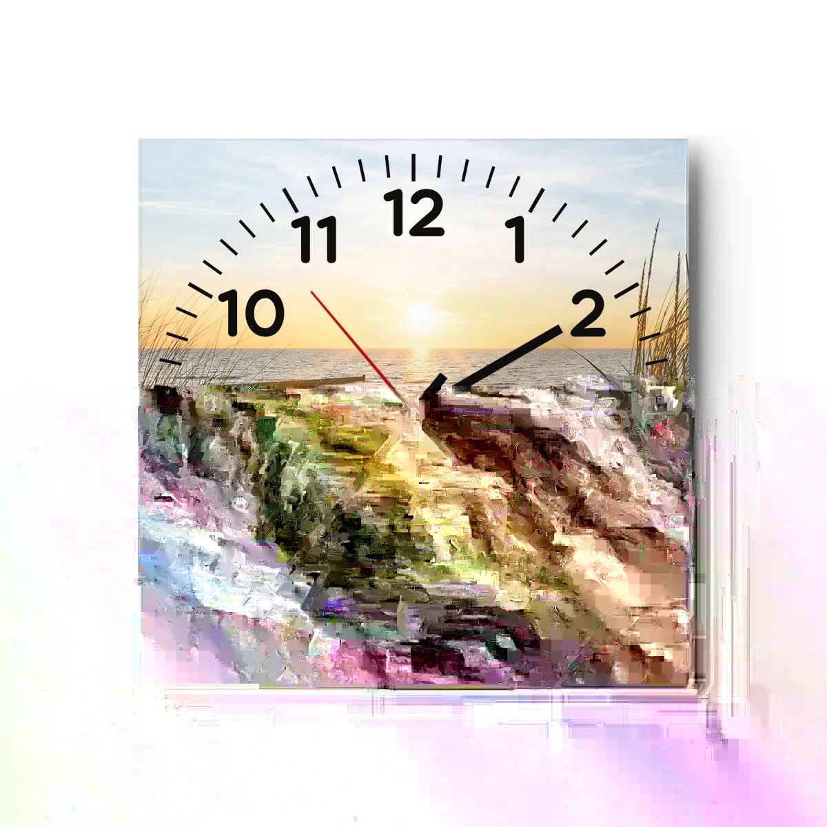 Nástěnné hodiny - Šumění moře, zpěv ptáků, divoká pláž uprostřed trávy… - 40x40 cm