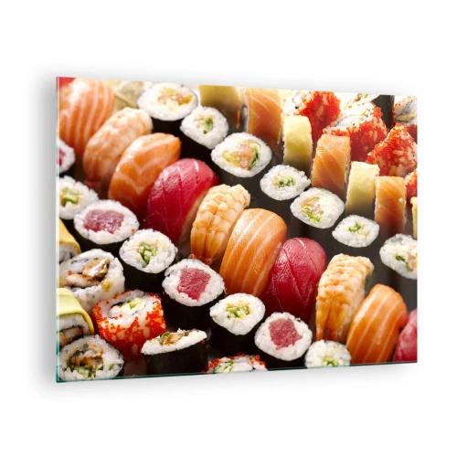 Obraz na skle - Barevné sushi složení s různými ingrediencemi - 70x50cm - Barvy a chutě Asie - Moderní nástěnná dekorace do obývacího pokoje a ložnice ARTTOR