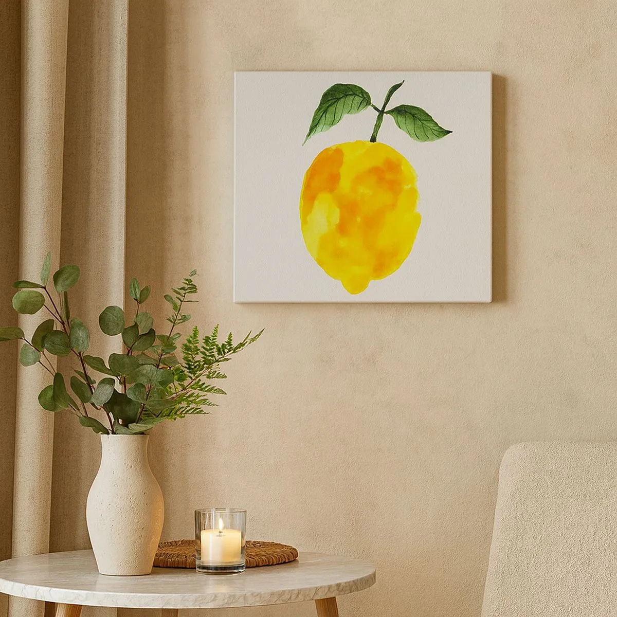 Obraz na plátně - Akvarel citron se zelenými listy na světlém pozadí - 70x50cm - Jak poznat chuť slunce - Moderní nástěnná dekorace do obývacího pokoje a ložnice ARTTOR