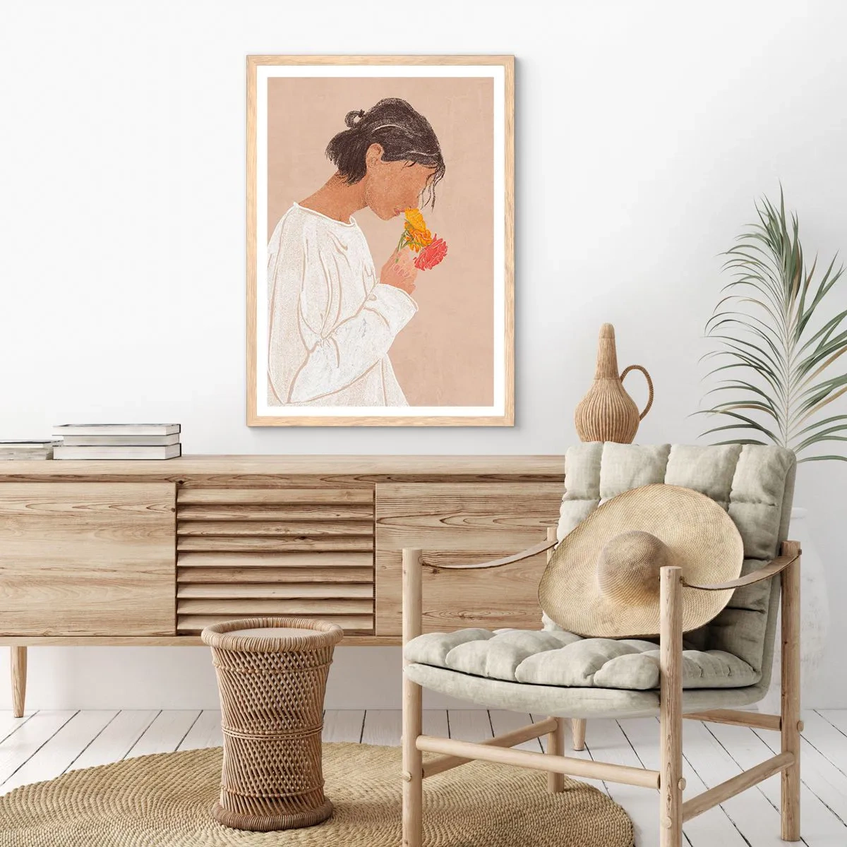 Plakát v rámu světlý dub - Dívka a květiny - 70x100 cm