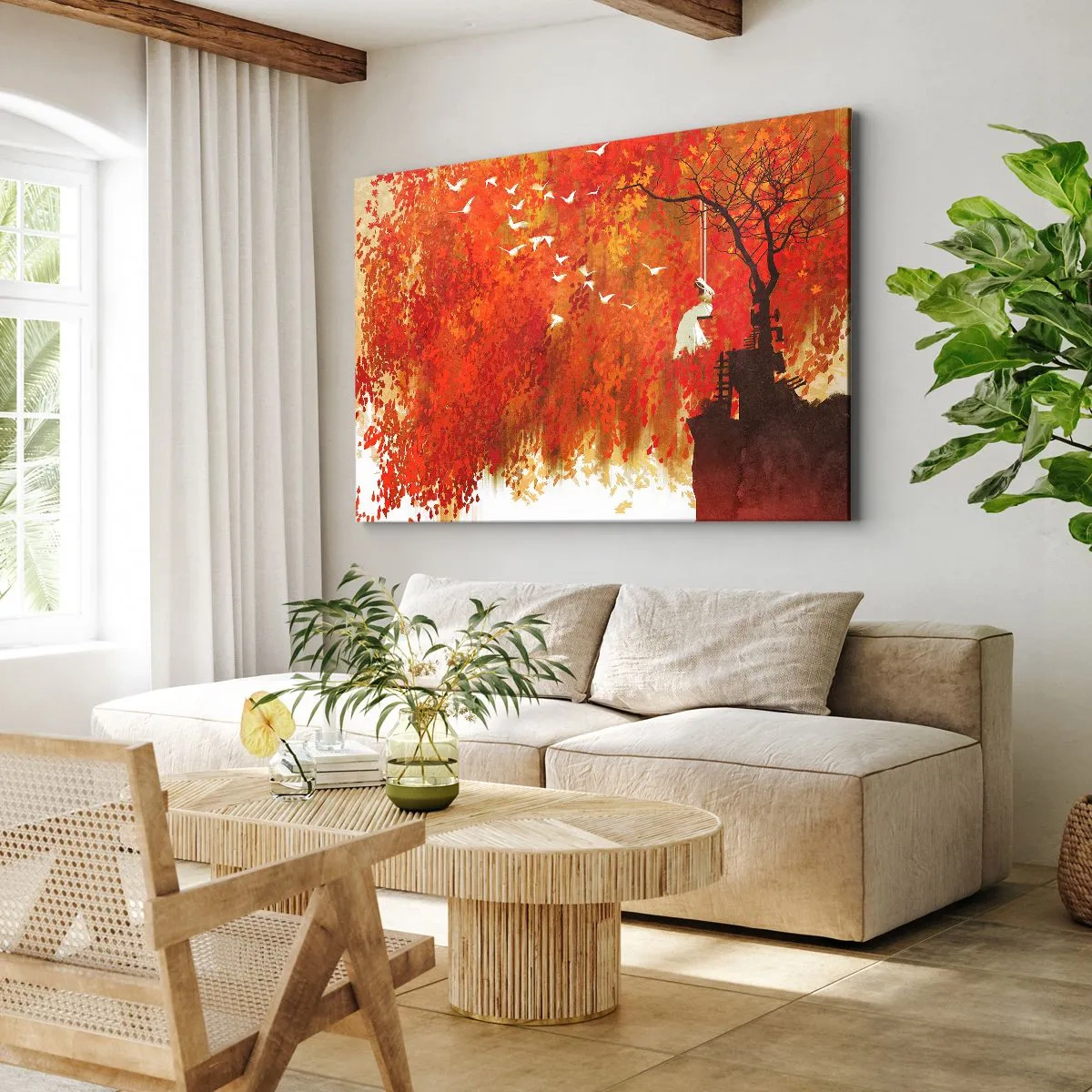 Obraz na plátně - Postava na houpačce u stromu obklopeného červenými listy - 70x50cm - Poletí s nimi? - Moderní nástěnná dekorace do obývacího pokoje a ložnice ARTTOR