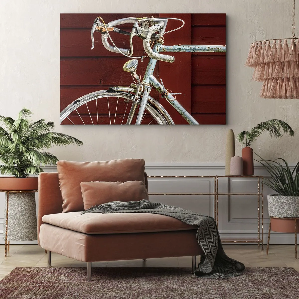 Obraz na plátně - Vintage kolo proti červené dřevěné zdi - 70x50cm - Stvořený pro vítězství - Moderní nástěnná dekorace do obývacího pokoje a ložnice ARTTOR