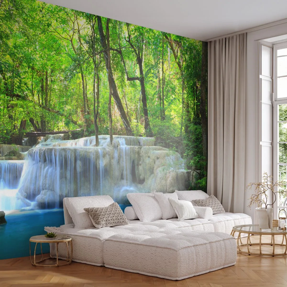 Fototapeta Premium Canvas - Utonout v tyrkysu a zeleni - Krajina, Vodopád, Kaskáda - 250x175 cm