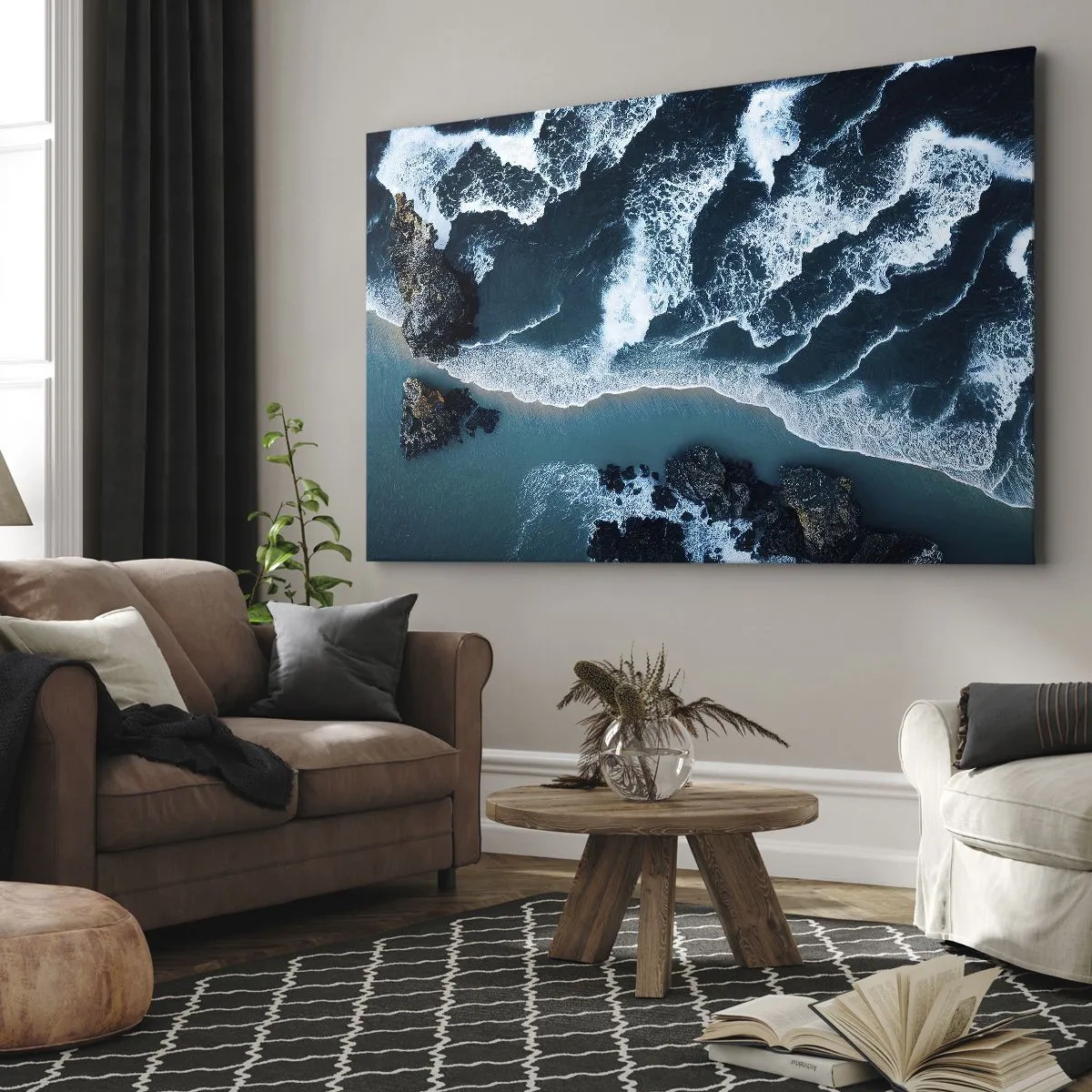 Obraz na plátně - Letecký pohled na vlny tříštící se o břeh - 70x50cm - Zahalené do vln - Moderní nástěnná dekorace do obývacího pokoje a ložnice ARTTOR