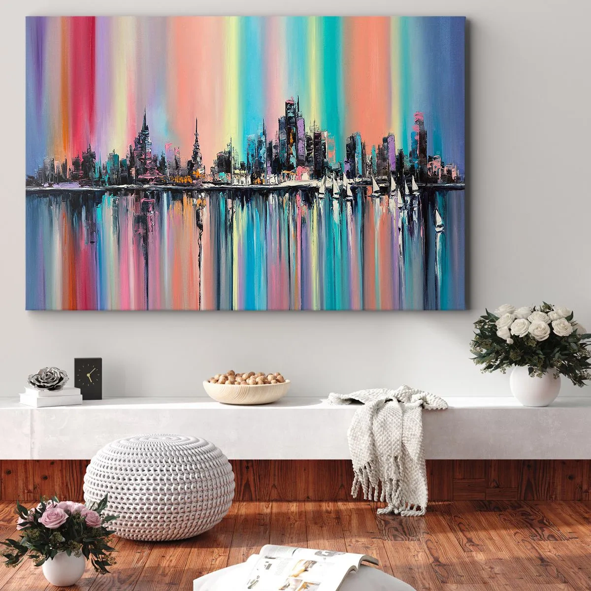 Obraz na plátně - Barevné městské panorama s odrazem na vodě - 70x50cm - Noční proud světla - Moderní nástěnná dekorace do obývacího pokoje a ložnice ARTTOR