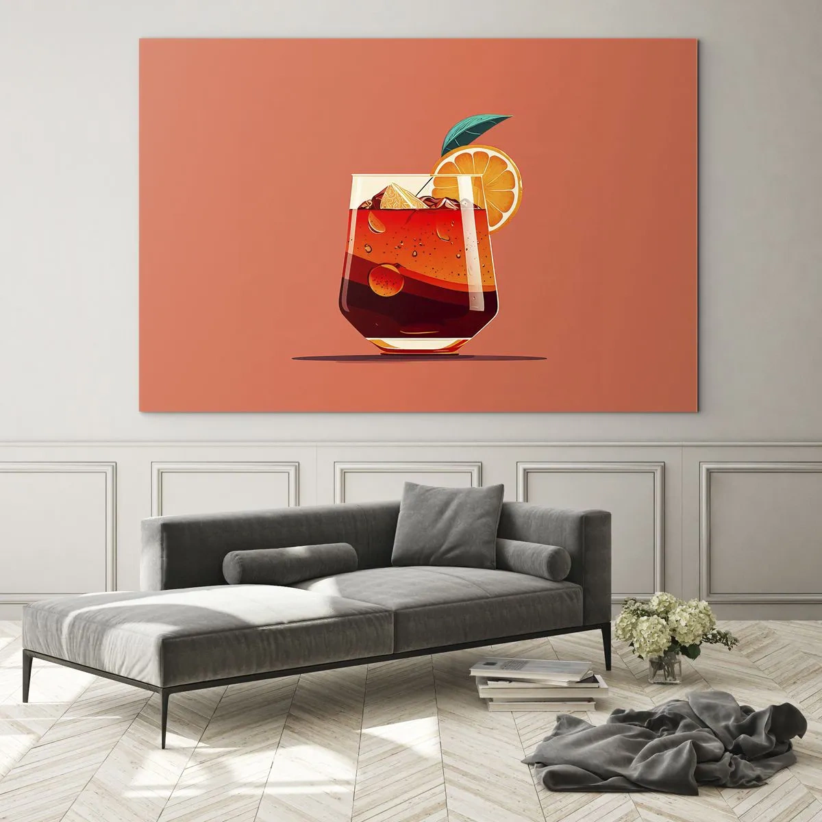 Obraz na skle - Barevný nápoj s pomerančem na teplém broskvovém pozadí - 70x50cm - Letní osvěžení - Moderní nástěnná dekorace do obývacího pokoje a ložnice ARTTOR