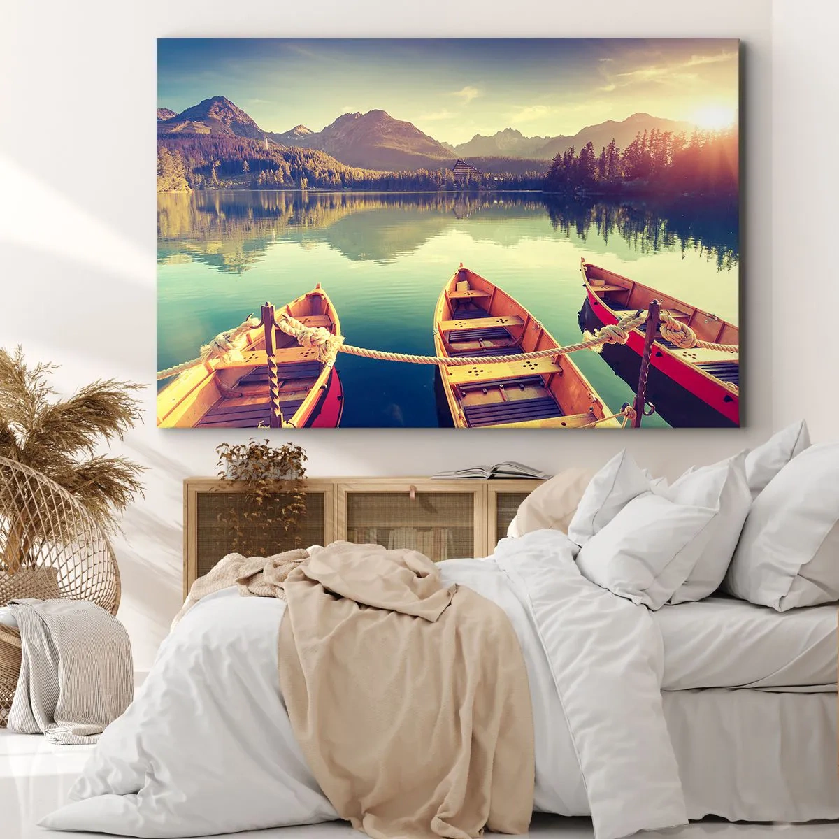 Obraz na plátně - Lodě na klidném jezeře obklopeném horami při západu slunce - 70x50cm - Žít podle jejich zákonů - Moderní nástěnná dekorace do obývacího pokoje a ložnice ARTTOR