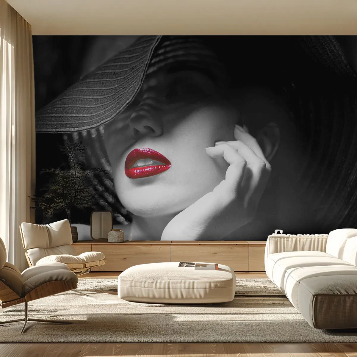 Fototapeta Samolepicí Deluxe Sticker - Studie v šarlatové - Žena, červené rty, Móda - 250x175 cm