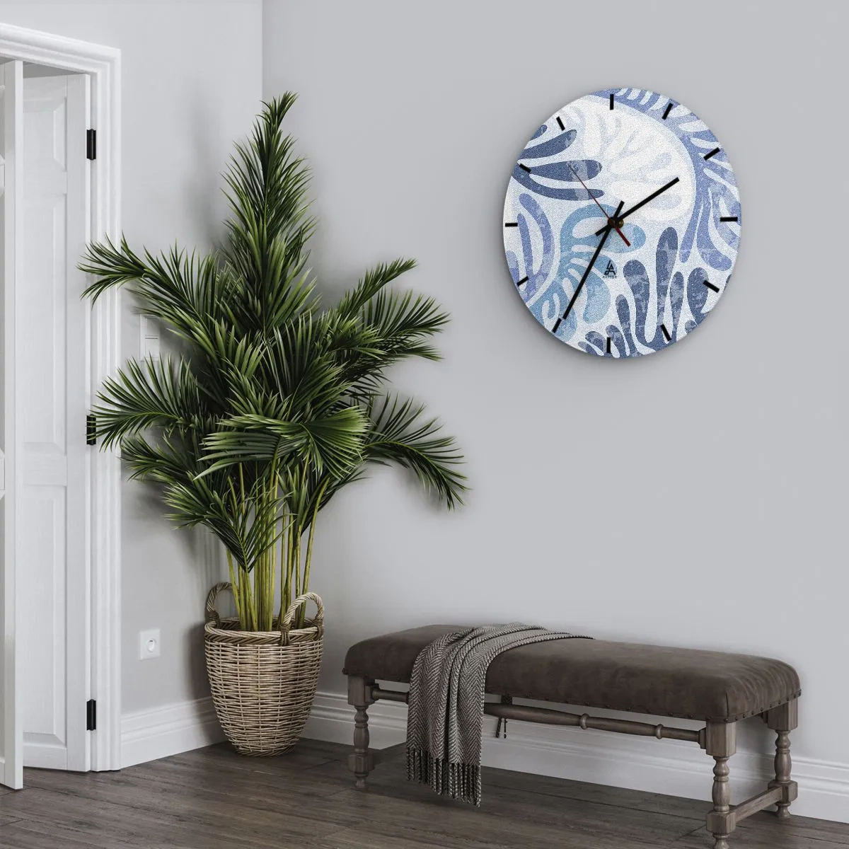 Nástěnné hodiny - Organické modré formy na světlém pozadí - 30x30cm - Modré kapradí - Moderní nástěnná dekorace do obývacího pokoje, kuchyně a ložnice ARTTOR