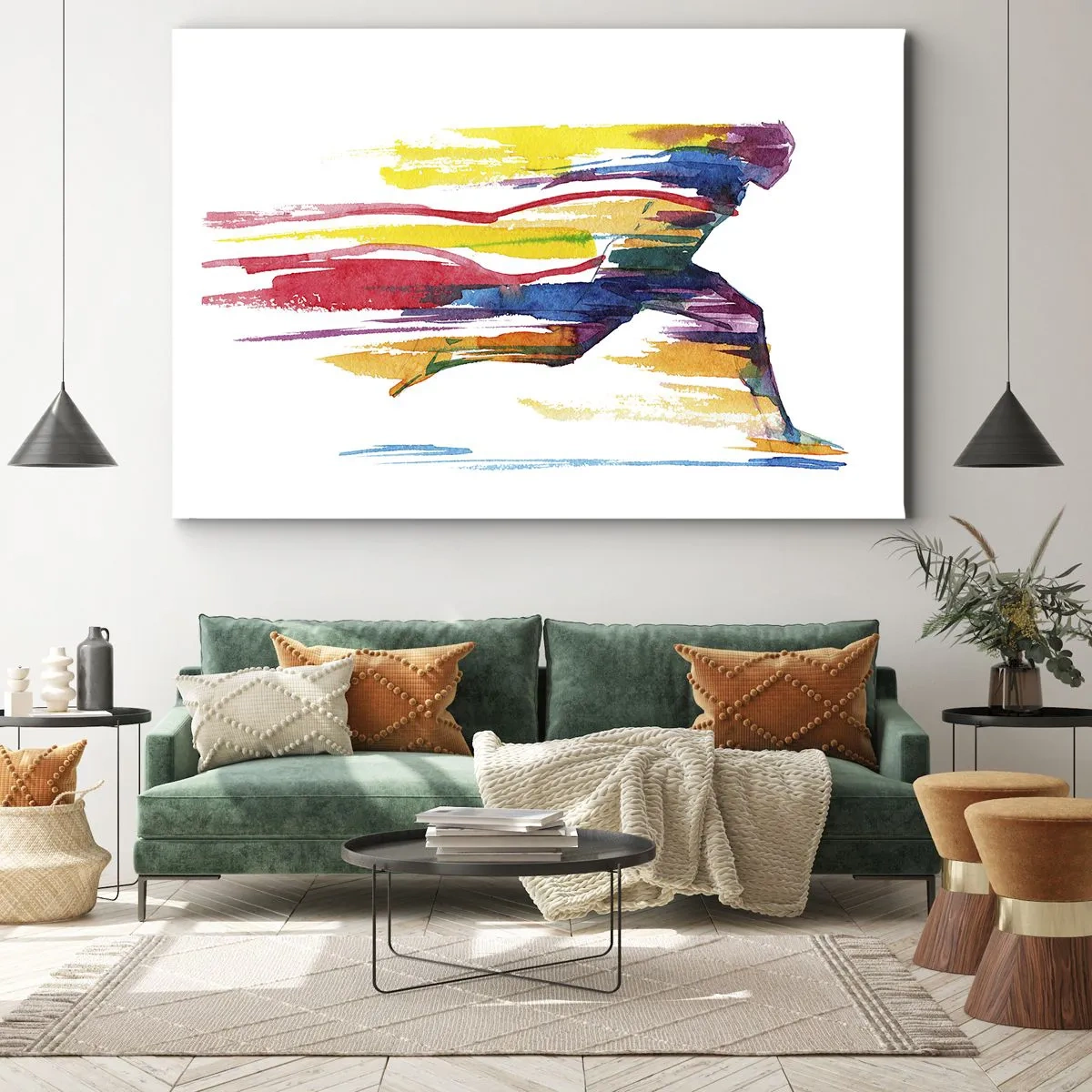 Obraz na plátně - Běžec v abstraktních barvách symbolizující dynamiku a energii - 70x50cm - Duhový běh - Moderní nástěnná dekorace do obývacího pokoje a ložnice ARTTOR