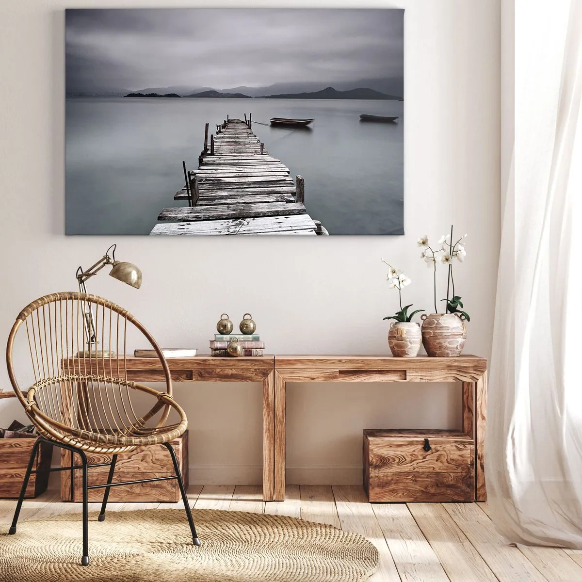 Obraz na plátně - Dřevěný most vedoucí k klidné hladině jezera - 70x50cm - Zítra můžeš vyrazit - Moderní nástěnná dekorace do obývacího pokoje a ložnice ARTTOR