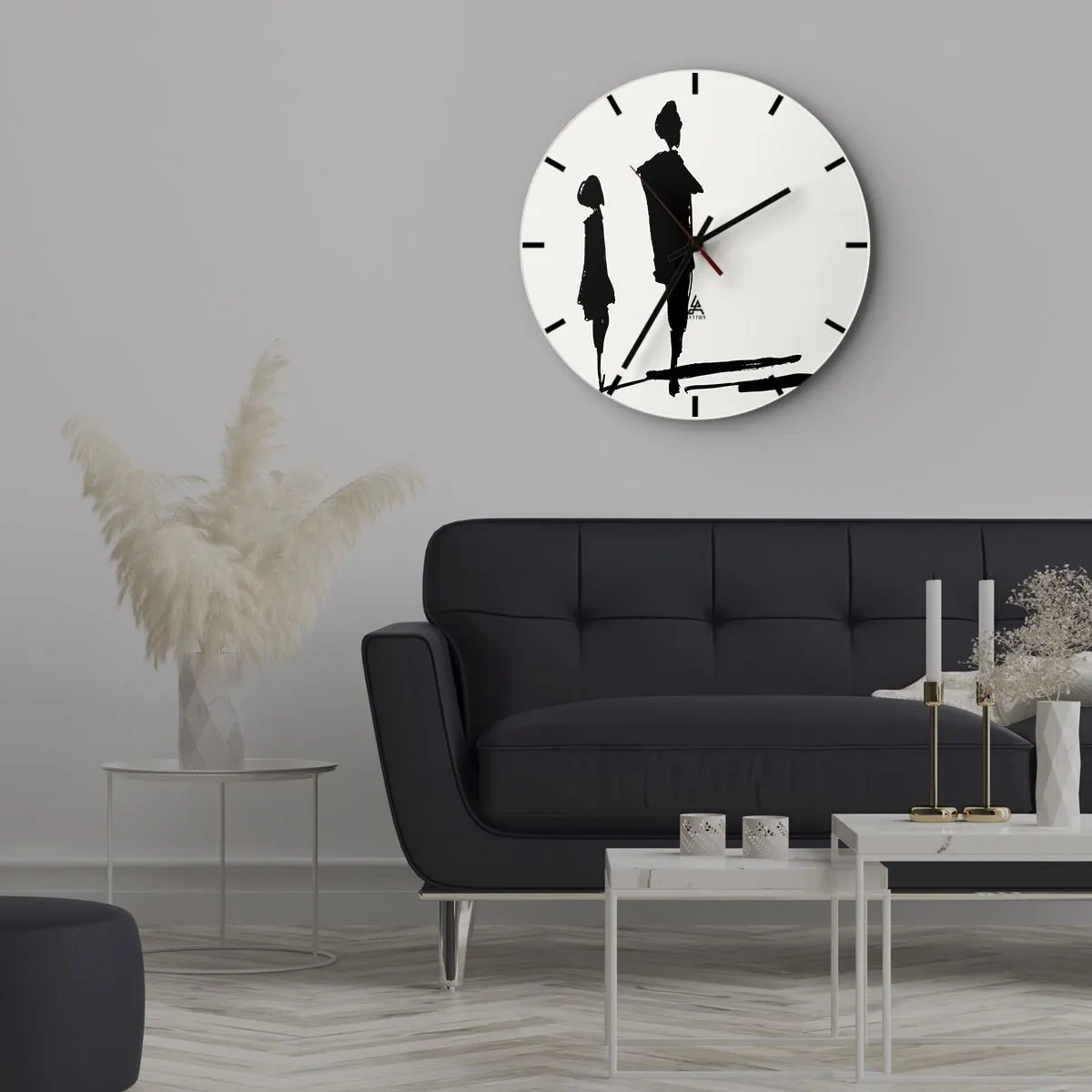 Nástěnné hodiny - Černé siluety dvou postav na bílém pozadí v povrchním stylu. - 30x30cm - Určitě spolu? - Moderní nástěnná dekorace do obývacího pokoje, kuchyně a ložnice ARTTOR