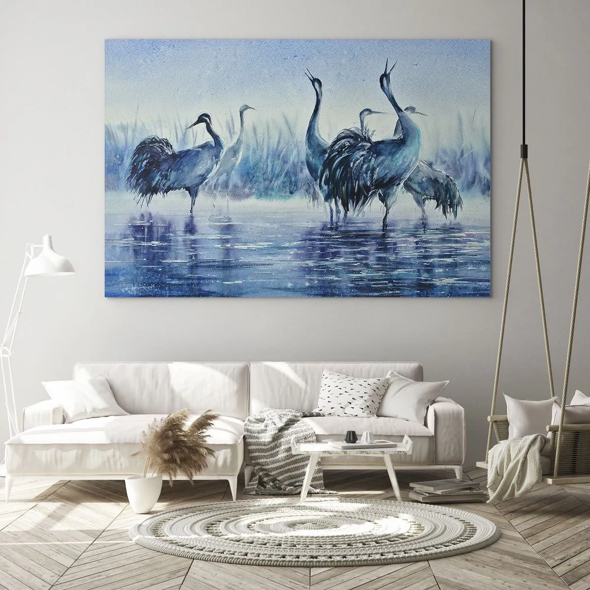 Obraz na skle - Ptáci brodící se v modré vodě - 70x50cm - Ranní setkání - Moderní nástěnná dekorace do obývacího pokoje a ložnice ARTTOR