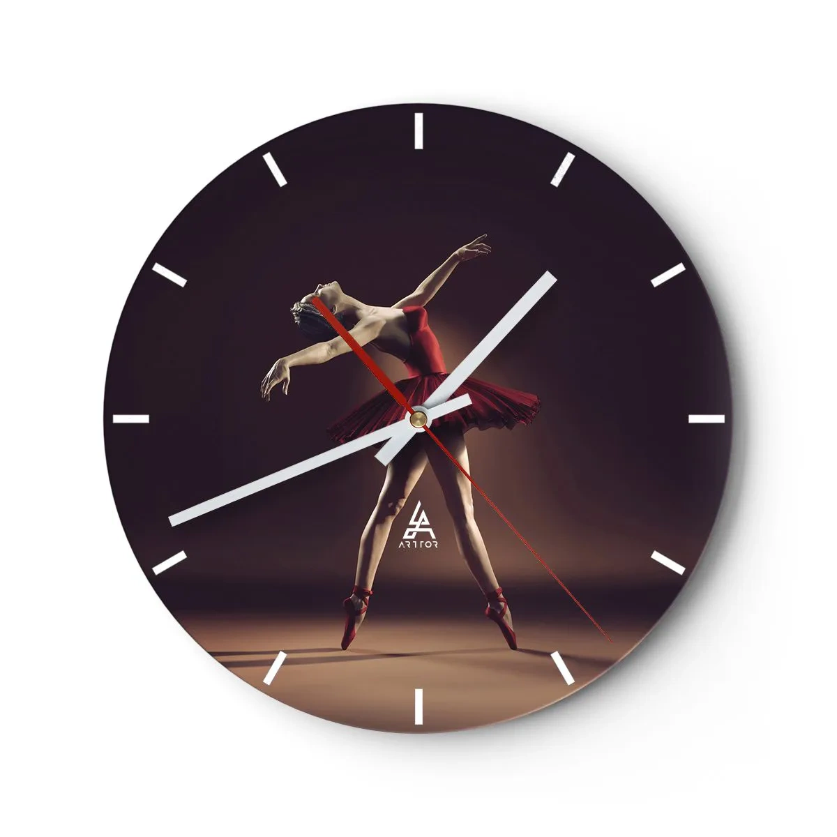 Nástěnné hodiny - Baletka v červených šatech v dynamické póze - 30x30cm - Prima balerína - Moderní nástěnná dekorace do obývacího pokoje, kuchyně a ložnice ARTTOR