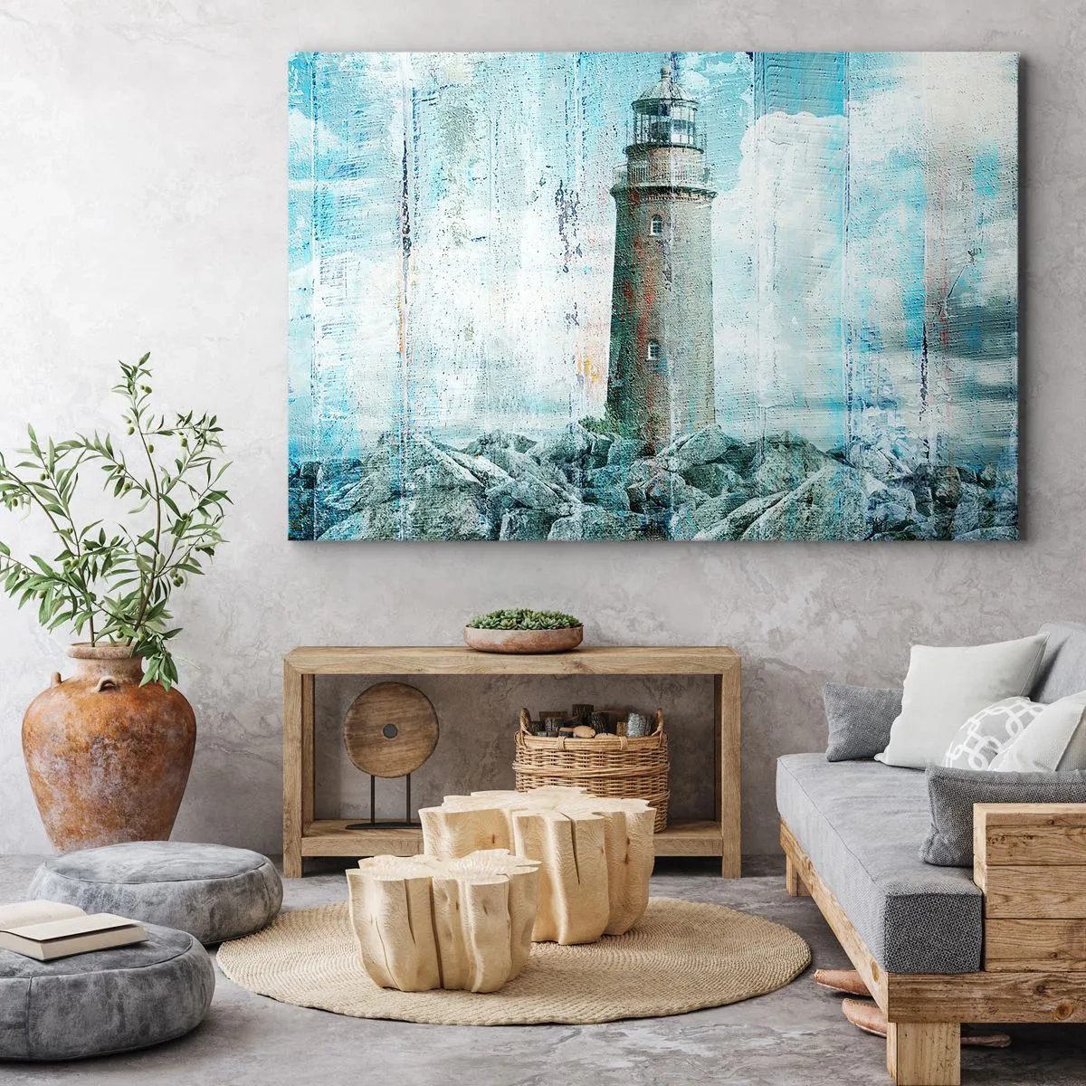 Obraz na plátně - Maják na skalnatém pobřeží v pastelových barvách - 70x50cm - Na starém dřevě - Moderní nástěnná dekorace do obývacího pokoje a ložnice ARTTOR