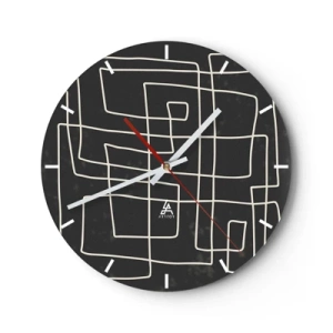 Nástěnné hodiny - Bílé geometrické čáry tvořící složitou mřížku na černém pozadí. - 30x30cm - Není to tak jednoduché - Moderní nástěnná dekorace do obývacího pokoje, kuchyně a ložnice ARTTOR