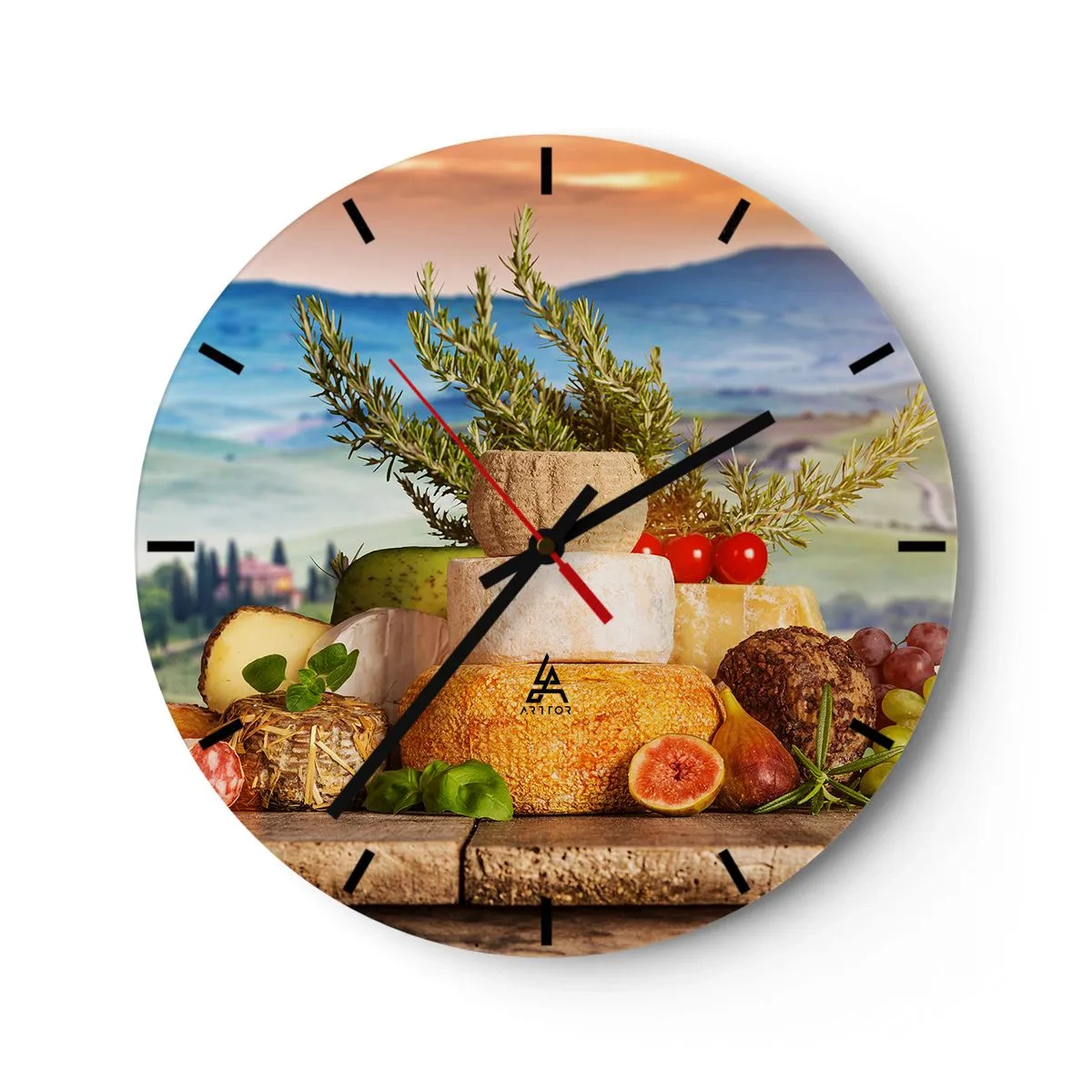 Nástěnné hodiny - Sýrový talíř s přílohami na pozadí krajiny - 30x30cm - Italská radost ze života - Moderní nástěnná dekorace do obývacího pokoje, kuchyně a ložnice ARTTOR