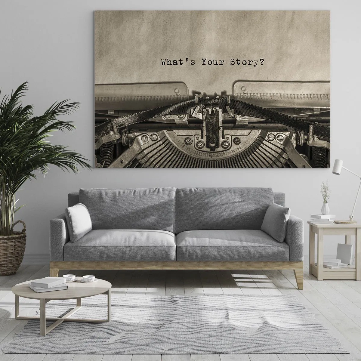 Obraz na skle - Detail psacího stroje s textem „Jaký je tvůj příběh?“ - 70x50cm - Pověz mi - Moderní nástěnná dekorace do obývacího pokoje a ložnice ARTTOR