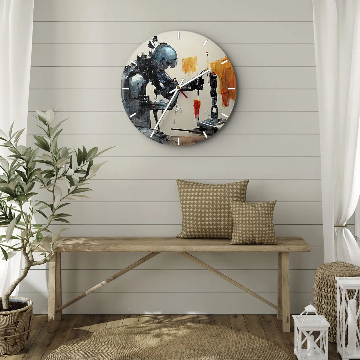 Nástěnné hodiny - Humanoidní robot sestavující umělou končetinu - 30x30cm - Už zítra… - Moderní nástěnná dekorace do obývacího pokoje, kuchyně a ložnice ARTTOR