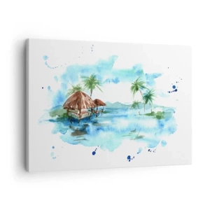 Obraz na plátně - Akvarel tropické krajiny s domy a palmami - 70x50cm - Někde v Pacifiku - Moderní nástěnná dekorace do obývacího pokoje a ložnice ARTTOR