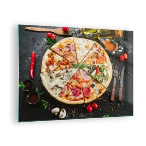 Obraz na skle - Pizza v různých příchutích s polevou na tmavém pozadí - 70x50cm - Vějíř chutí - Moderní nástěnná dekorace do obývacího pokoje a ložnice ARTTOR