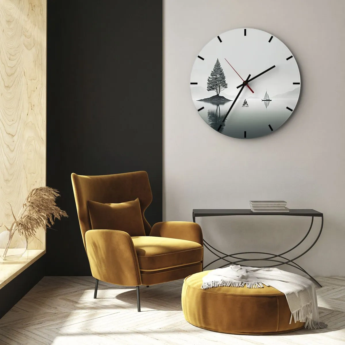 Nástěnné hodiny - Minimalistická krajina s ostrovem, stromem a plachetnicí na vodě. - 30x30cm - Snění - Moderní nástěnná dekorace do obývacího pokoje, kuchyně a ložnice ARTTOR
