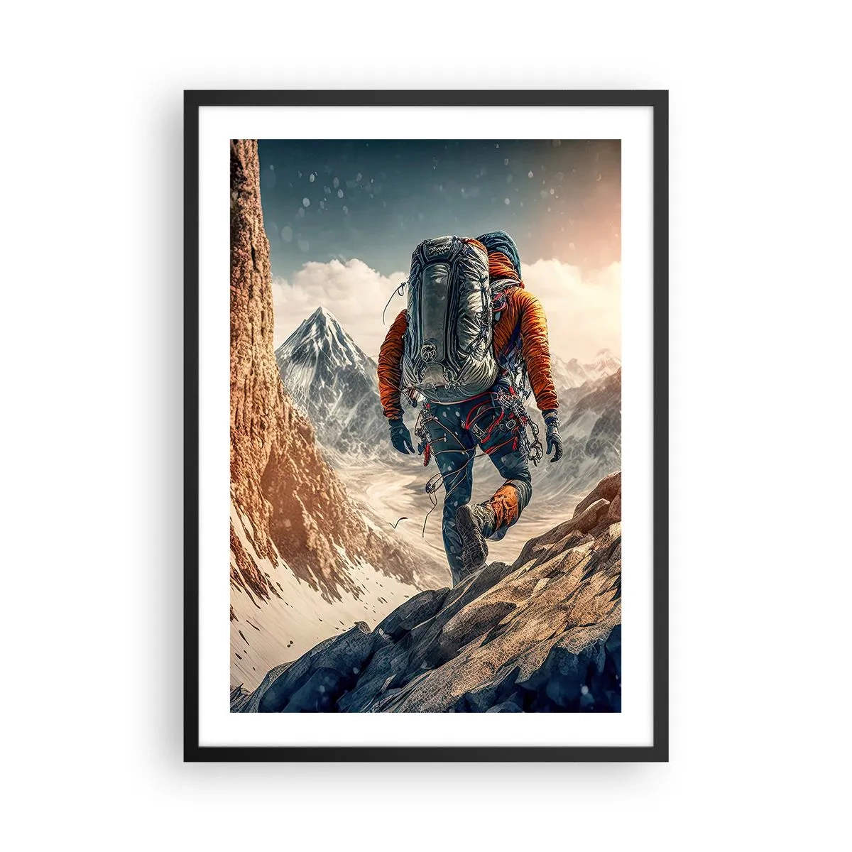 Plakát v černém rámu - Horolezectví mezi majestátními vrcholy - 50x70cm - Osamělý bojovník - Moderní nástěnná dekorace do obývacího pokoje a ložnice ARTTOR