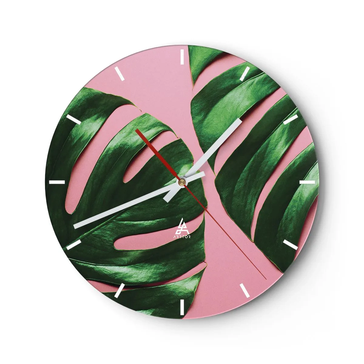 Nástěnné hodiny - Zelené listy monstery na růžovém pozadí - 30x30cm - Zelené rendez-vous - Moderní nástěnná dekorace do obývacího pokoje, kuchyně a ložnice ARTTOR