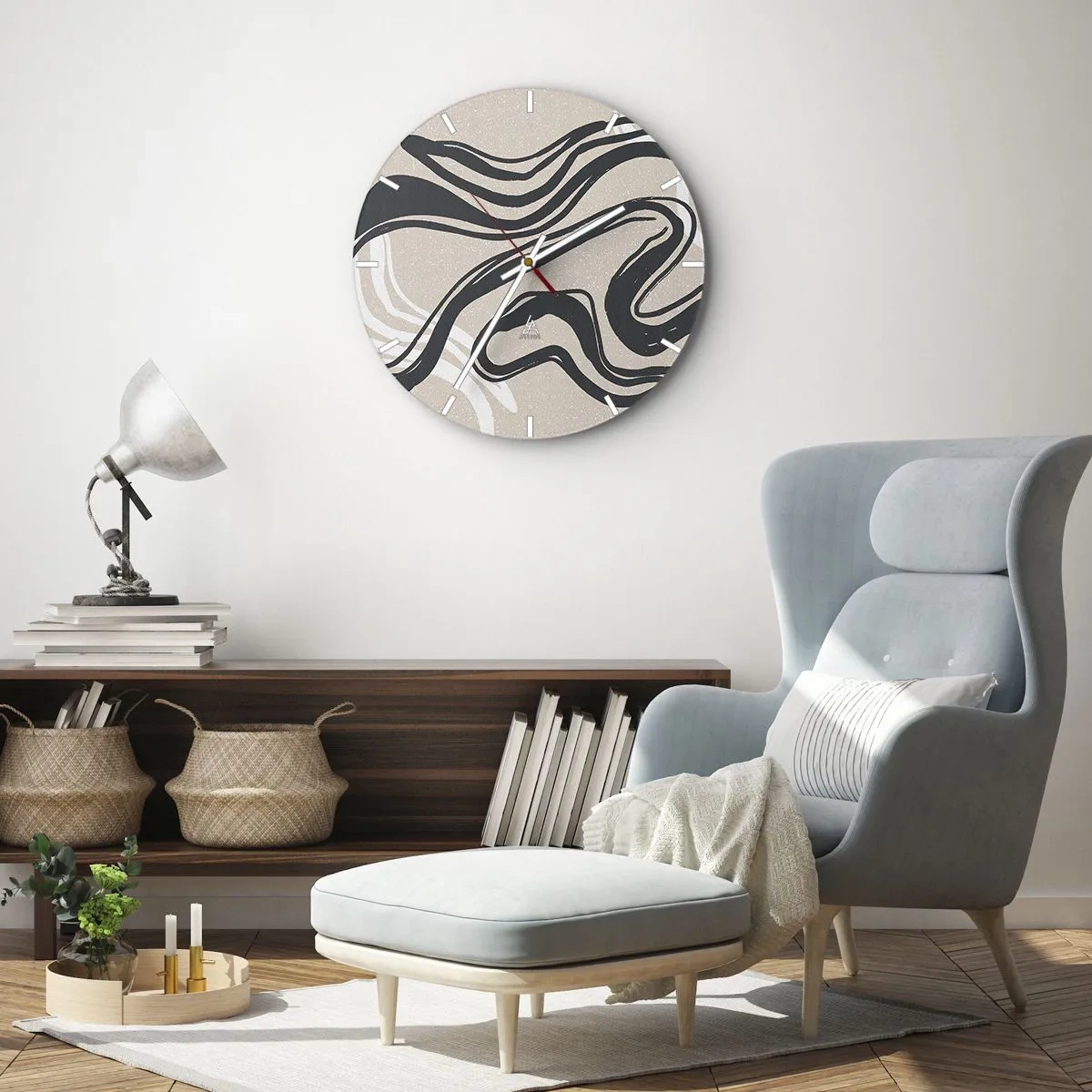 Nástěnné hodiny - Černé křivky na béžovém pozadí v grafickém stylu - 30x30cm - Znásobená exprese - Moderní nástěnná dekorace do obývacího pokoje, kuchyně a ložnice ARTTOR